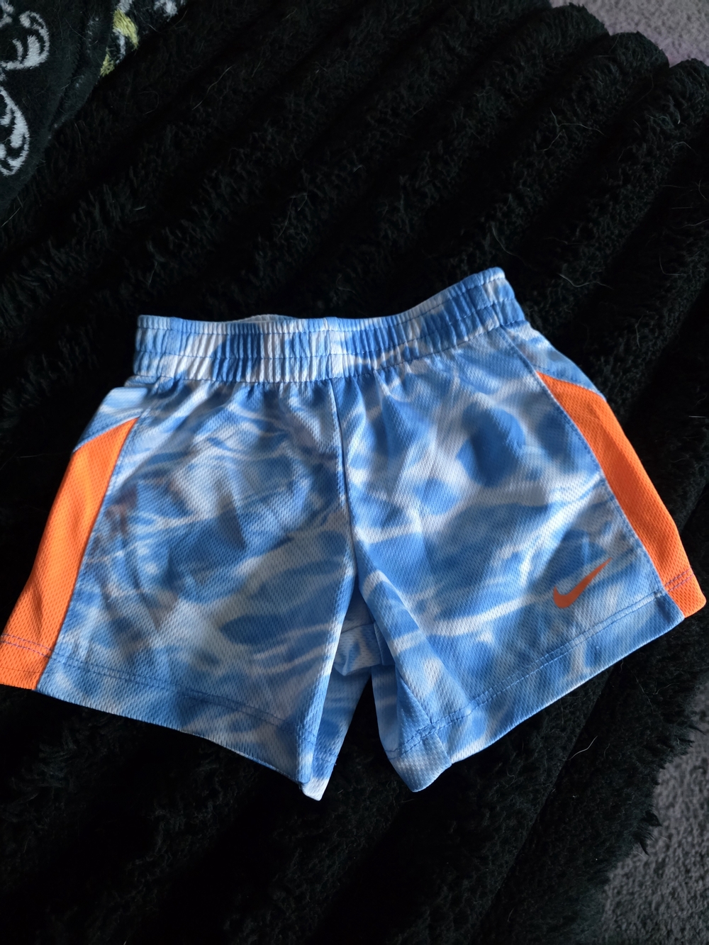 Nike  Blue Water-Print Athletic Shorts with Orange Accents